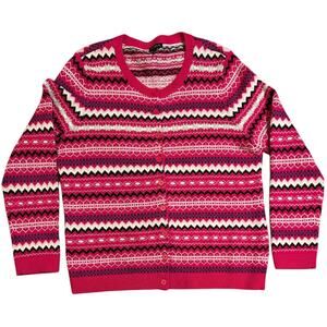 TALBOTS Pink Red Fairisle Fair Isle Nordic Cardigan Long Sleeve Sweater Sz LARGE